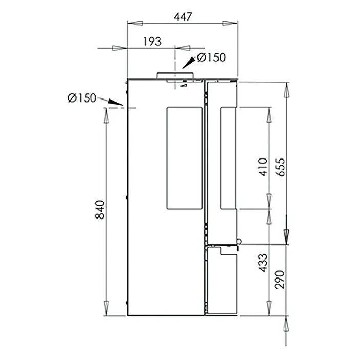 Aduro Kaminofen 9 - 8 kW, Raumheizvermögen: 334 m³, Material Verkleidung: Stahl, Schwarz - Technische Zeichnung eines Ofens mit den Maßen 840 x 447 mm und einem Rohrdurchmesser von 150 mm.