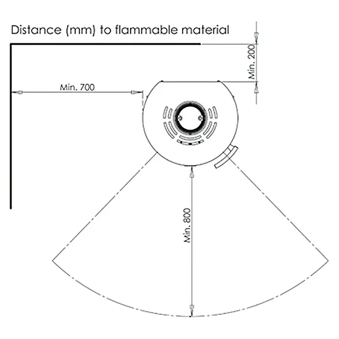 Aduro Kaminofen 9 - 8 kW, Raumheizvermögen: 334 m³, Material Verkleidung: Stahl, Schwarz - Abbildung des Mindestabstands (in mm) zu brennbaren Materialien. Die Abstände sind 700 mm, 800 mm und 200 mm.