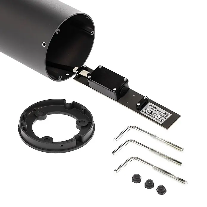 Lucande LED Wegeleuchte / Pollerleuchte 65cm, inkl. 15W LED -  - Schwarzes zylindrisches Leuchtengehäuse, Platine, runde Montagebasis und drei L-förmige Schrauben mit Kappen für Außenleuchte.