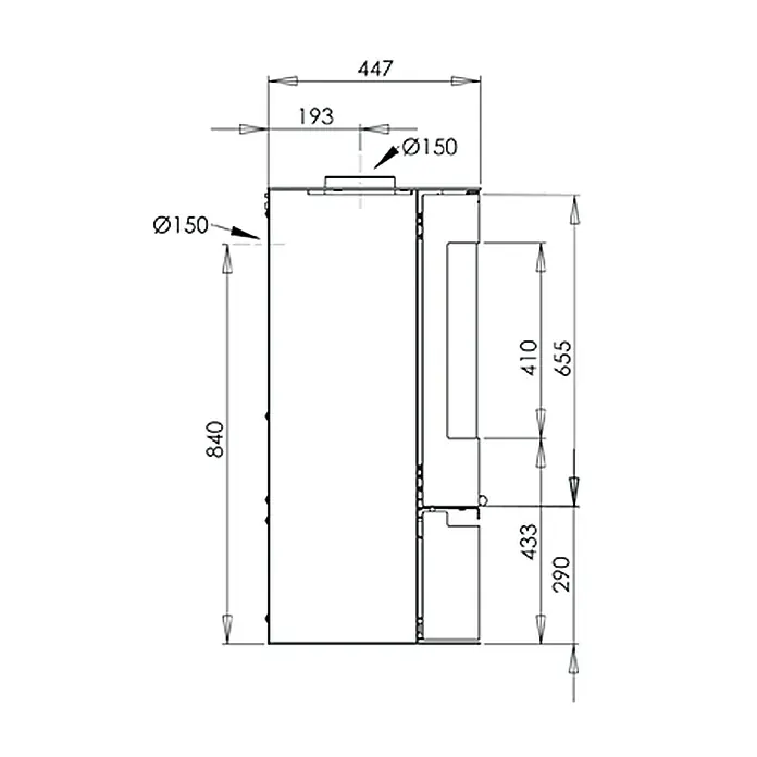Aduro Kaminofen 9-1 - 8 kW, Raumheizvermögen: 334 m³, Material Verkleidung: Stahl, Schwarz - Technische Zeichnung eines Kaminofens mit Maßangaben.