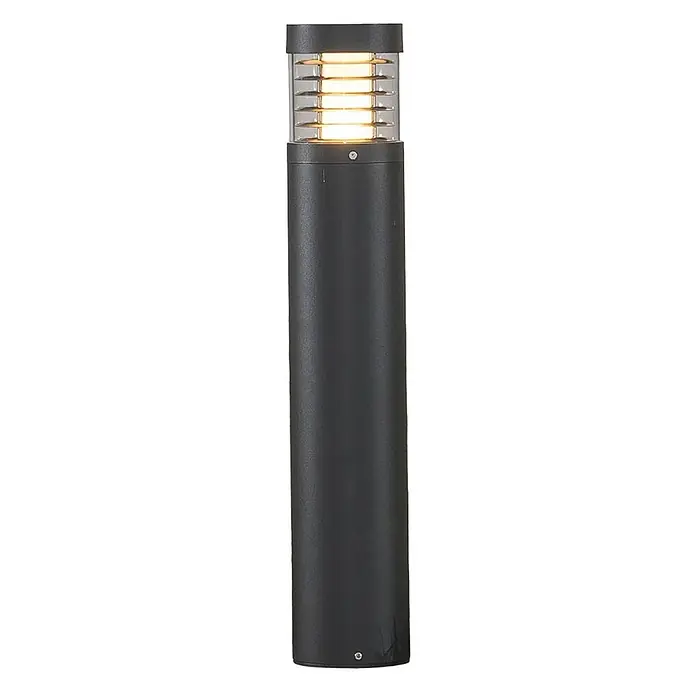 Lucande LED Wegeleuchte / Pollerleuchte 65cm, inkl. 15W LED -  - Dunkelgraue zylindrische Wegeleuchte mit klarem Oberteil, das horizontale, leuchtende Lamellen umschließt.