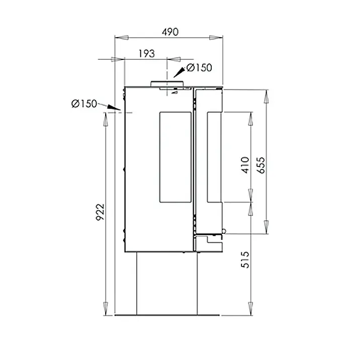 Aduro Kaminofen 9-3 - 8 kW, Raumheizvermögen: 350 m³, Material Verkleidung: Stahl, Schwarz - Technische Zeichnung eines Kamins mit Bemaßungen, die die Größe und die wesentlichen Details des Kaminofens veranschaulichen.