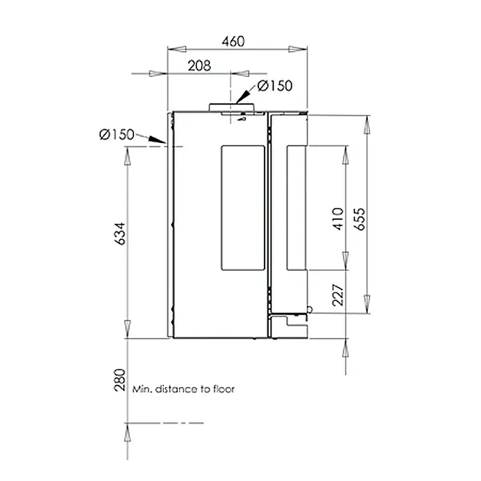 Aduro Kaminofen 9-4 - 8 kW, Raumheizvermögen: 334 m³, Material Verkleidung: Stahl, Schwarz - Maßskizze des Ofens mit allen Maßen, einschließlich Höhe, Breite, Tiefe und Mindestabstand zum Boden, um eine sichere Installation zu gewährleisten.