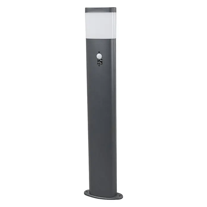 Lindby Außenlaterne Obri -  - Dunkelgraue Pollerleuchte mit weißem Diffusor, Bewegungsmelder und Bedienelementen für den Außenbereich.