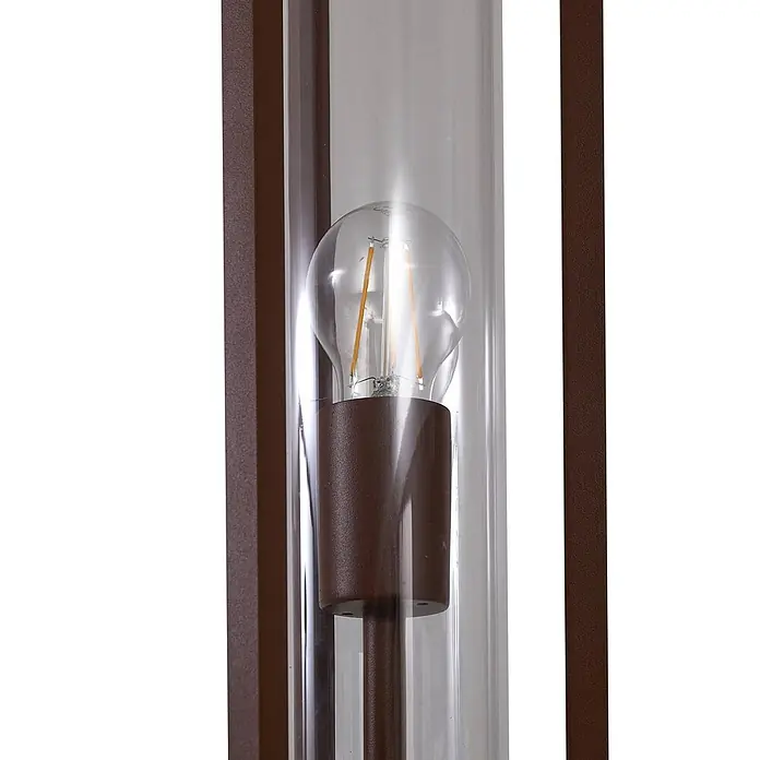 Lucande Außenlaterne Alivaro -  - Braune Außenwandleuchte mit klarem Glaszylinder und sichtbarer LED-Glühlampe.