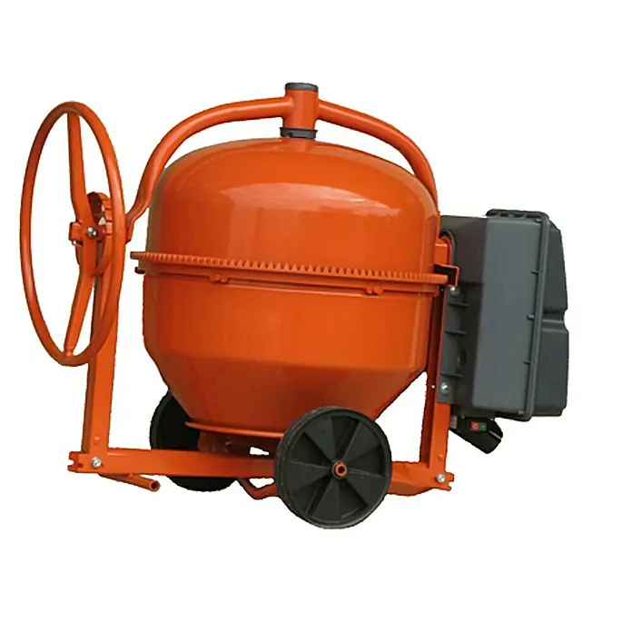 Altrad Betonmischer MLZ 130 NG - 130 l, Metall - Bild einer orangefarbenen Betonmischmaschine mit Rädern und einem drehbaren Mischer für Bauarbeiten.