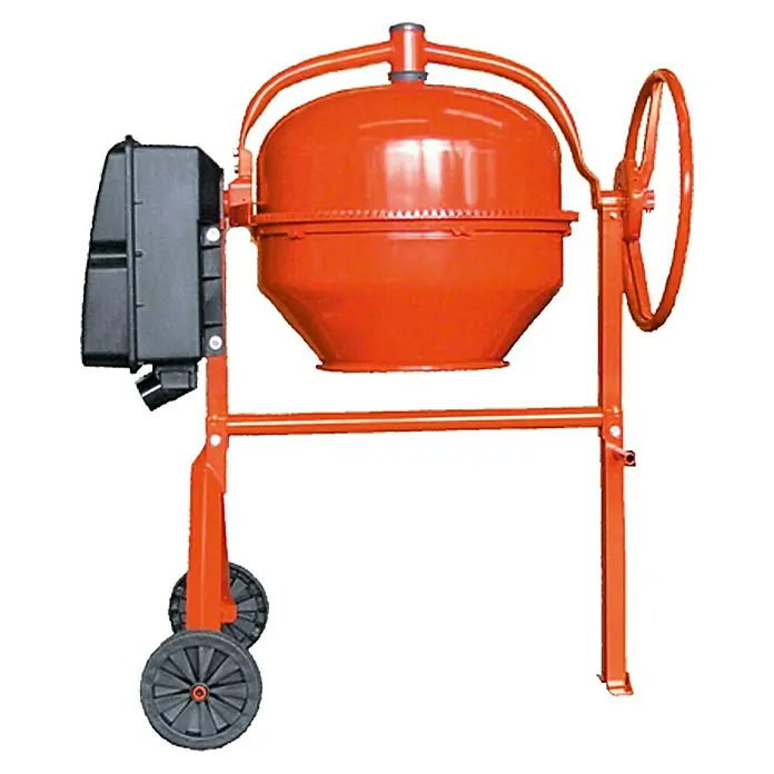 Altrad Elektro-Betonmischer MLZ 130 NG - L x B x H: 114 x 72 x 134 cm, 130 l, 600 W - Hier ist ein detailreiches Bild einer orangefarbenen Betonmischmaschine, die auf einem weißen Hintergrund isoliert ist.