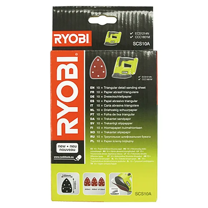 Ryobi Haftschleifscheiben SCS 10 A - 10 Stk., 100 x 140 mm - RYOBI SCS10A Dreieckschleifpapier-Set, 10-teilig, für Dreieckschleifer, ideal zum Schleifen von Ecken und Kanten.