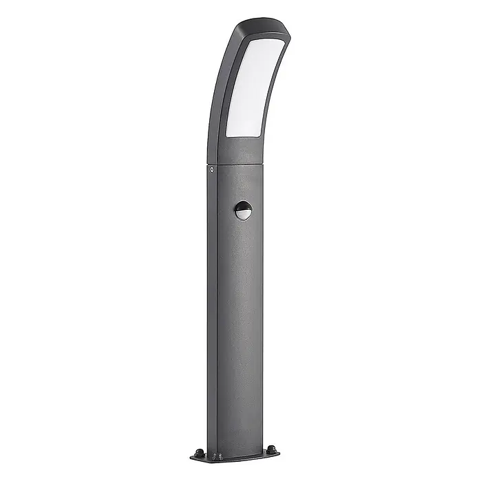 Lindby Außenlaterne Moshe -  - Dunkelgraue Outdoor-Pollerleuchte mit integriertem Bewegungsmelder und gewölbter weißer Lichtfläche.