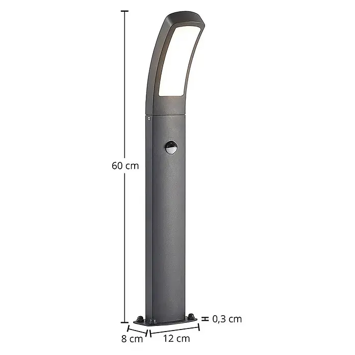 Lindby Außenlaterne Moshe -  - Dunkelgraue Pollerleuchte für den Außenbereich mit gebogenem Kopf und integriertem Bewegungsmelder. 60cm hoch, Basis 8x12cm.