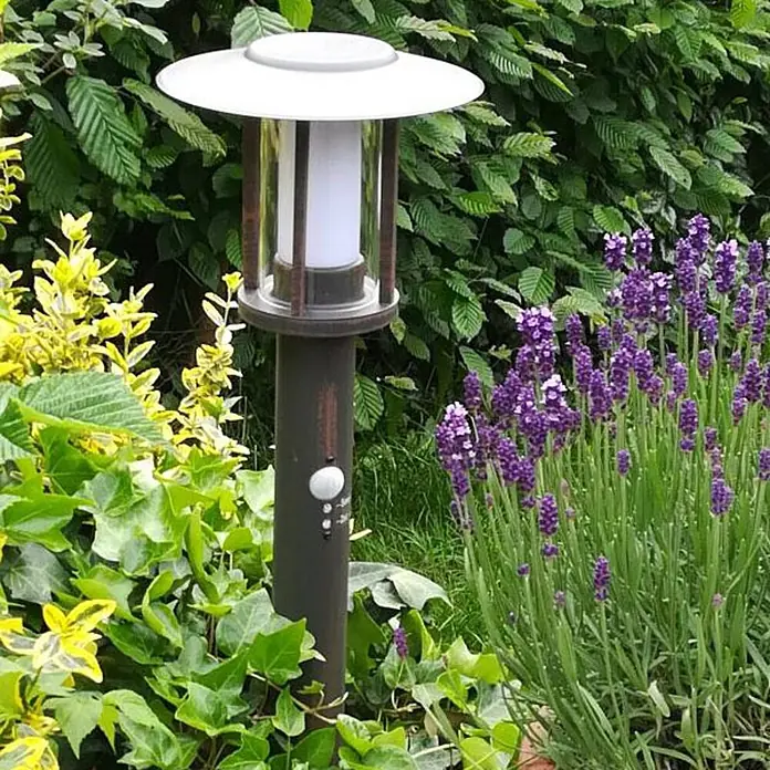 Lindby Außensockelleuchte Pavlos -  - Eine dunkelbraune Gartenpollerleuchte mit weißer Oberseite und integriertem Bewegungssensor steht zwischen Gartenpflanzen.