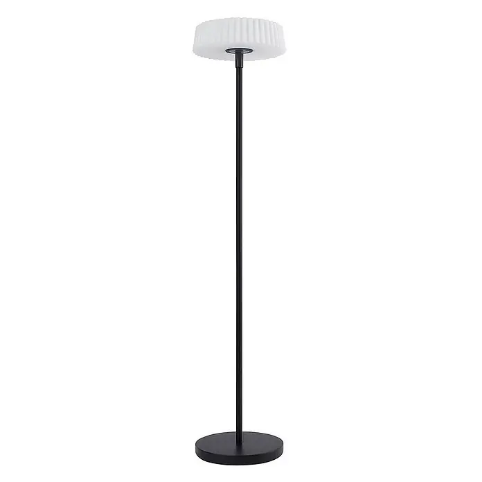 Lindby LED Solar Stehlampe Outdoor in schwarz, weiß, dimmbar Stehleuchte -  - Schwarze Stehleuchte mit rundem Fuß und weißem Plisseeschirm.