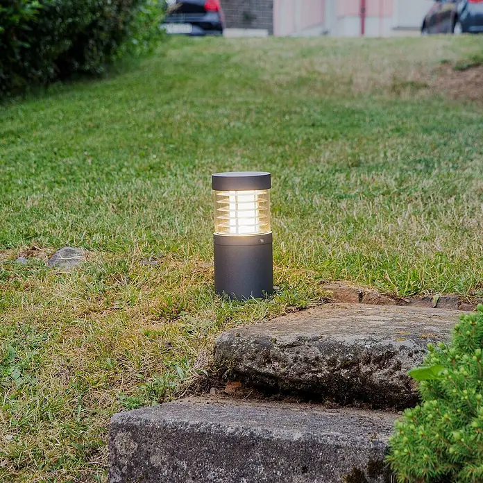Lucande LED Wegeleuchte / Sockelleuchte 26,5 cm, Sockellampe Garten IP54 -  - Anthrazitfarbene Außenwegleuchte mit beleuchtetem zylindrischem Diffusor, im Gras neben Steinstufen stehend.