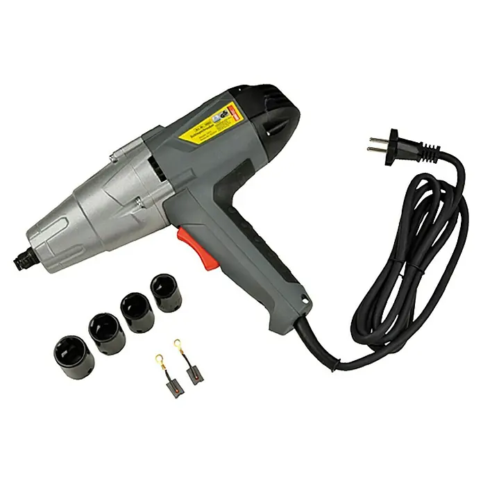 UniTEC Schlagschrauber Premium - 710 W, 300 Nm - Ein grauer Schlagschrauber mit Steckdosenaufsätzen und Stromkabel. Ideal für schnelle Reparaturen und handwerkliche Arbeiten.