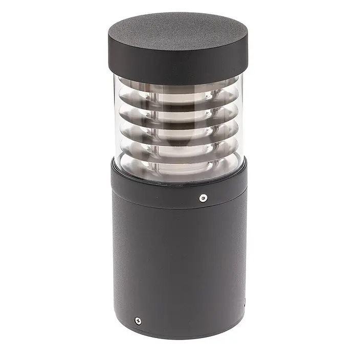 Lucande LED Wegeleuchte / Sockelleuchte 26,5 cm, Sockellampe Garten IP54 -  - Zylindrische schwarze Außenleuchte mit Klarglas und horizontalen Metalllamellen, und einer strukturierten Oberseite.