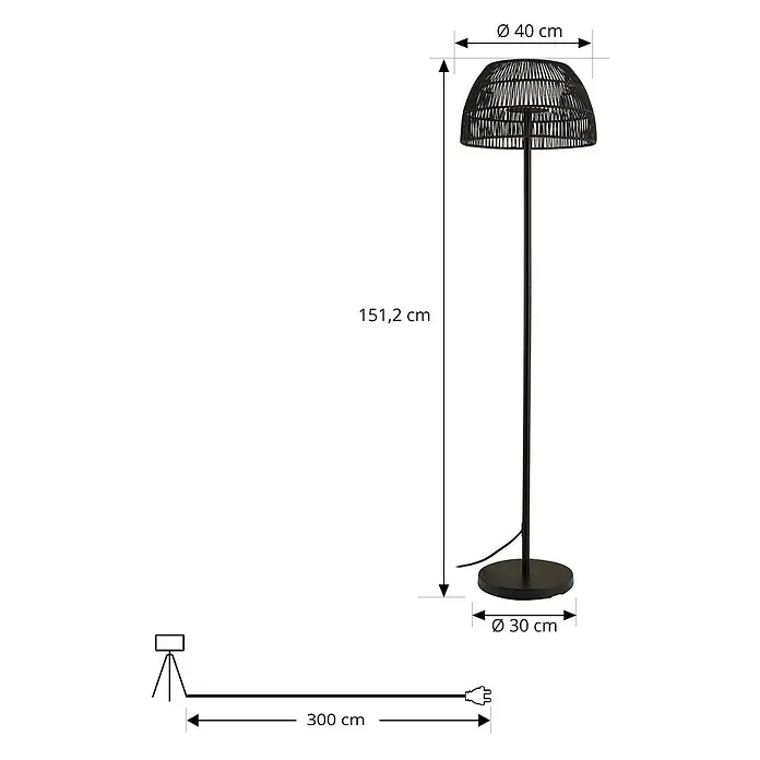 Lucande LED Stehlampe Outdoor in schwarz, Stehleuchte Garten -  - Schwarze Stehleuchte mit gewebtem Schirm, 151,2 cm hoch. Mit 40 cm Schirmdurchmesser und 30 cm Fußdurchmesser.