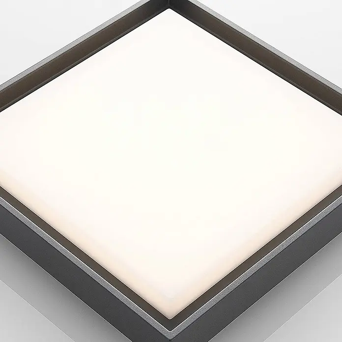 Lucande LED Outdoor Deckenlampe in dunkelgrau, weiß, Deckenleuchte außen -  - Quadratische LED-Panel-Leuchte mit dunkelgrauem Rahmen und weißer diffuser Beleuchtung.