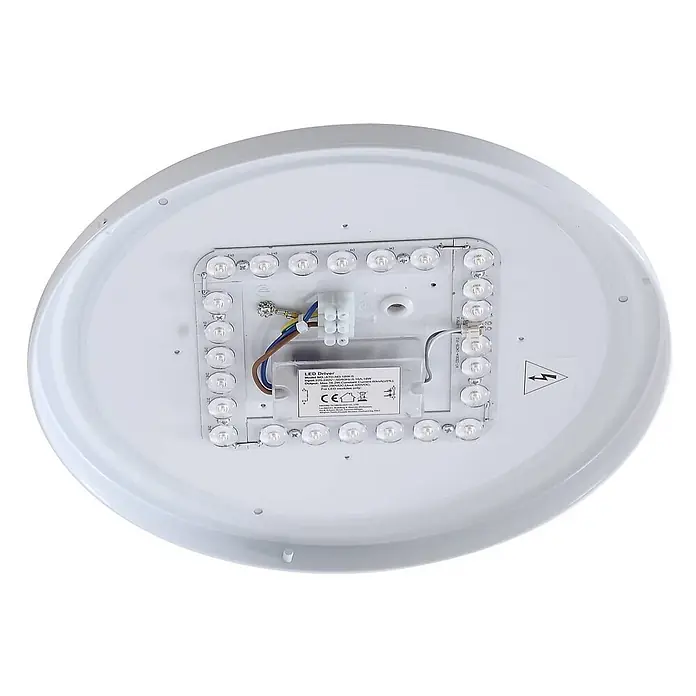 Lindby LED Outdoor Deckenlampe in weiß, mit Bewegungsmelder, Deckenleuchte -  - Rückseite einer weißen runden LED-Deckenleuchte mit LED-Treiber, Klemmenblock und LED-Array.