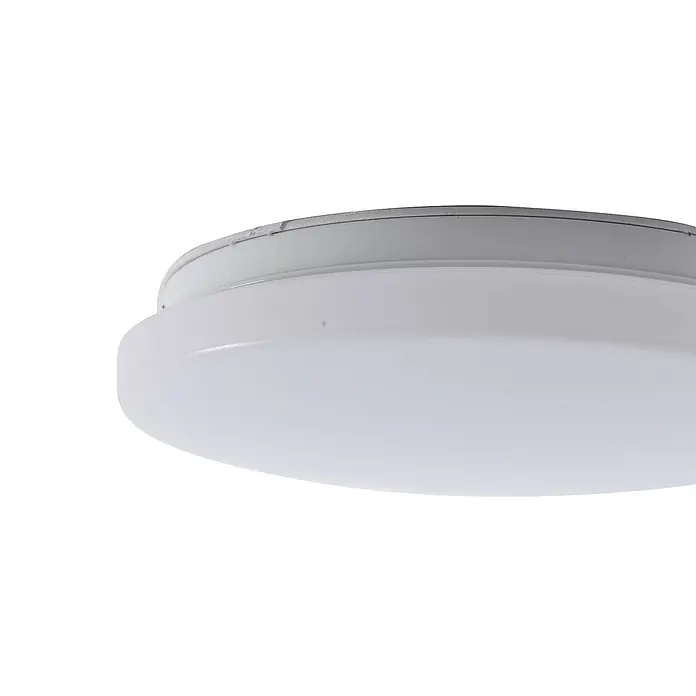 Lindby LED Outdoor Deckenlampe in weiß, mit Bewegungsmelder, Deckenleuchte -  - Weiße runde Deckenleuchte zur Unterputzmontage mit grauem Sockel.