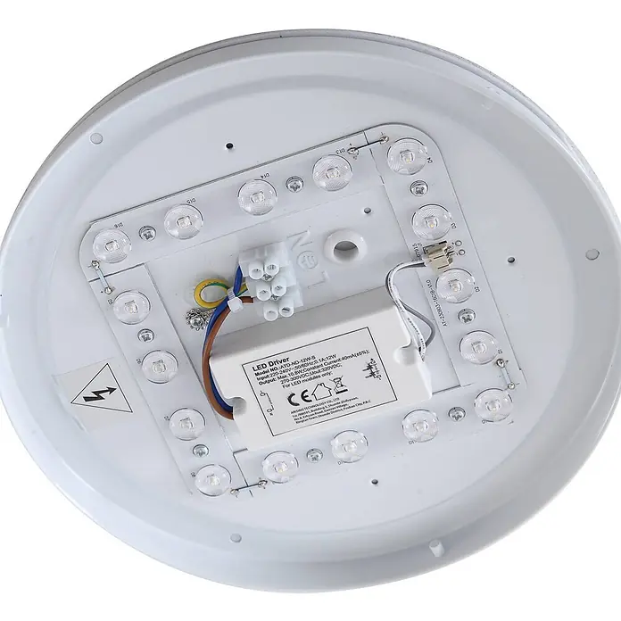 Lindby LED Outdoor Deckenlampe in weiß, mit Bewegungsmelder, Deckenleuchte -  - Weiße runde LED-Deckenleuchte, Rückansicht mit internem LED-Treiber und LED-Anordnung.