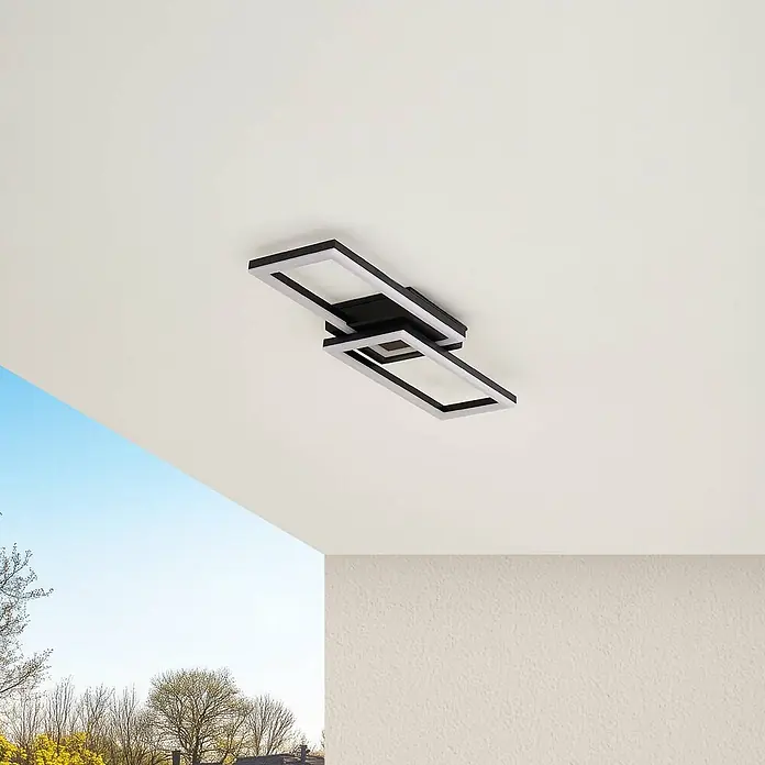 Lindby LED Outdoor Deckenlampe in schwarz, weiß, Deckenleuchte außen -  - Moderne LED-Deckenleuchte mit zwei schwarzen Rechteckrahmen und weißer Beleuchtung an der Decke.