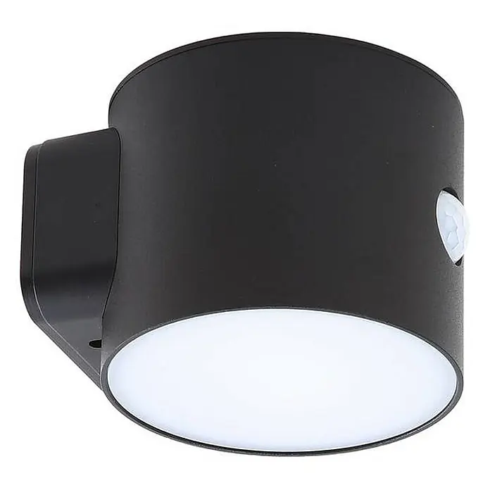 Lindby LED Solar Wandleuchte aussen in schwarz, mit Bewegungsmelder, -  - Schwarze zylindrische Außenwandleuchte mit weißem Diffusor und integriertem Bewegungssensor.