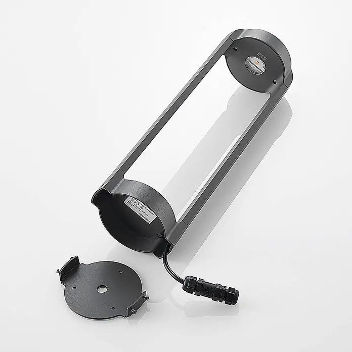 Lucande Außensockelleuchte Habsa -  - Dunkelgraue rechteckige Außen-LED-Leuchte mit separater runder Montageplatte und Kabelverbinder.