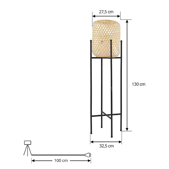 Lucande LED Stehlampe Outdoor in holz, schwarz, dimmbar Stehleuchte Garten -  - Stehlampe mit schwarzem Metallgestell und natürlichem Rattan-Schirm.