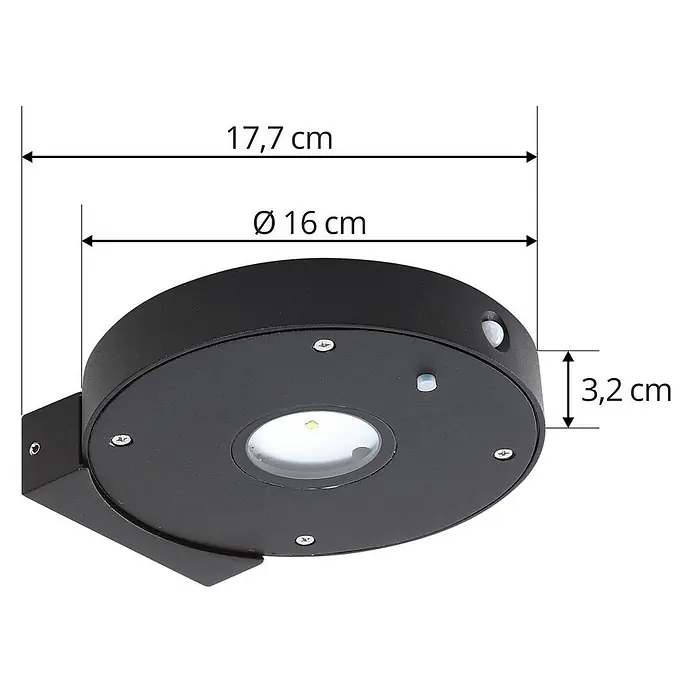 Lucande Außenwandleuchte Tavon - schwarz, schwarz, IP54 - Schwarze, runde LED-Außenwandleuchte mit integrierten Bewegungs- und Lichtsensoren, Maße: 17,7cm B, 16cm Ø, 3,2cm H.
