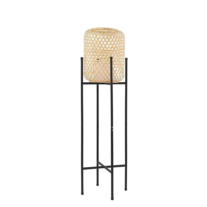 Lucande LED Stehlampe Outdoor in holz, schwarz, dimmbar Stehleuchte Garten -  - Schwarzer Metall-Pflanzenständer mit hellbraunem Korb aus geflochtenem Rattan.