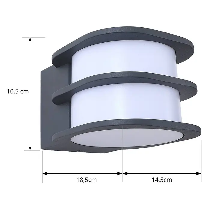 Lindby Außenwandleuchte Fyra - alu / grau / zink, weiß / opal, IP54 - Graue Außenwandleuchte mit zwei weißen Diffusoren, geschichtetem Design. Maße: 10,5cm H x 18,5cm B x 14,5cm T.