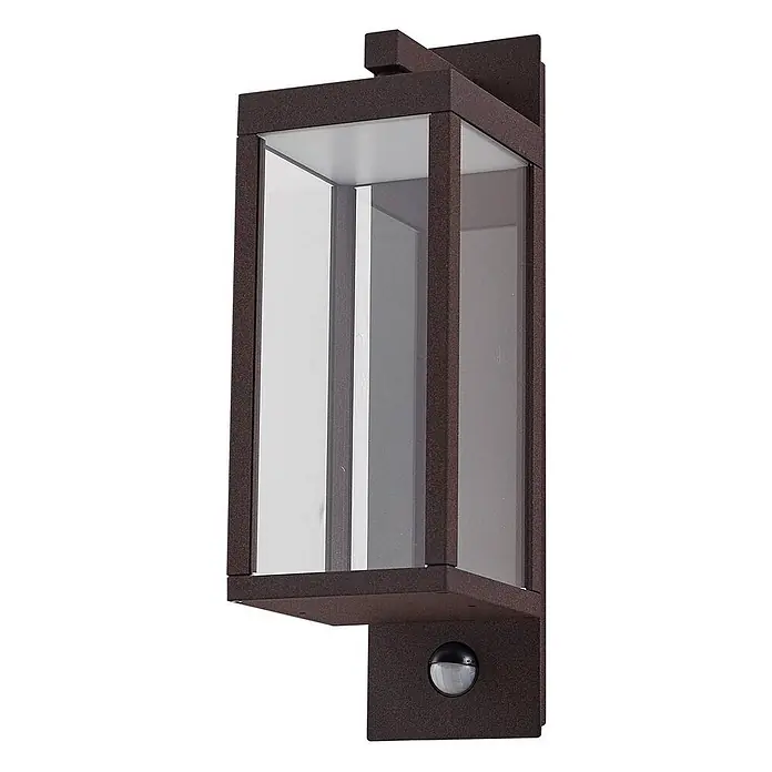 Lucande Außenwandleuchte Ferdinand - braun / rost, braun / rost, IP54 - Rechteckige, dunkelbraune Außenwandleuchte mit strukturiertem Finish, Klarglasscheiben und Bewegungssensor.
