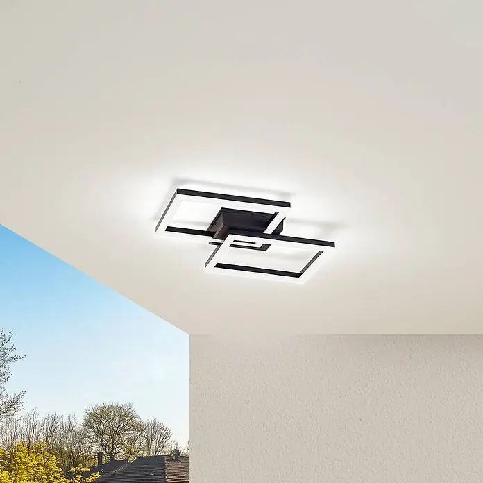 Lindby LED Outdoor Deckenlampe in schwarz, weiß, Deckenleuchte außen -  - Moderne schwarz-weiße LED-Deckenleuchte mit zwei sich kreuzenden quadratischen Rahmen.