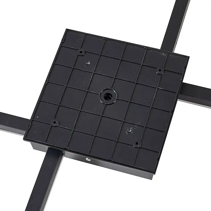 Lindby LED Outdoor Deckenlampe in schwarz, weiß, Deckenleuchte außen -  - Schwarze quadratische Kunststoffbasis mit Gittermuster und mittigem Loch, mit vier schwarzen Metallstützarmen.