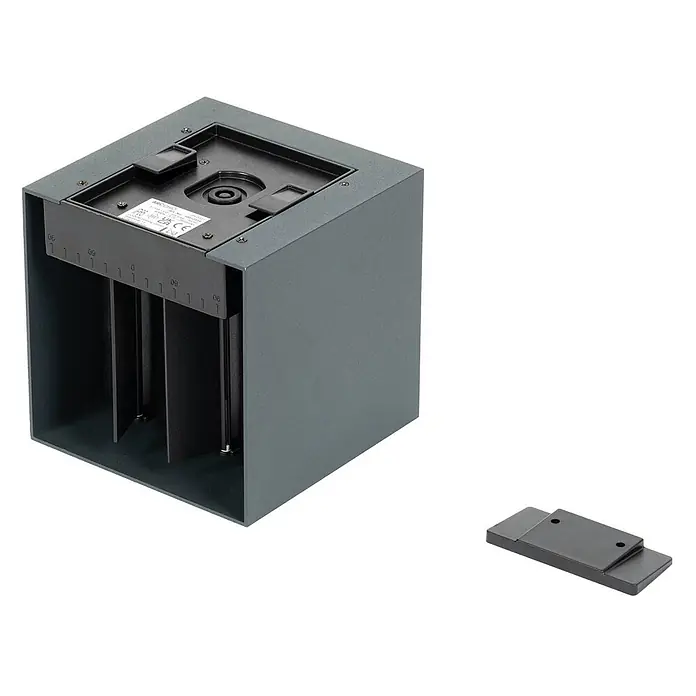 PRIOS LED Solar Wandleuchte aussen in anthrazit, mit Bewegungsmelder, -  - Dunkelgraues, rechteckiges Außenleuchtengehäuse mit internen Lamellen und separater Montageplatte.