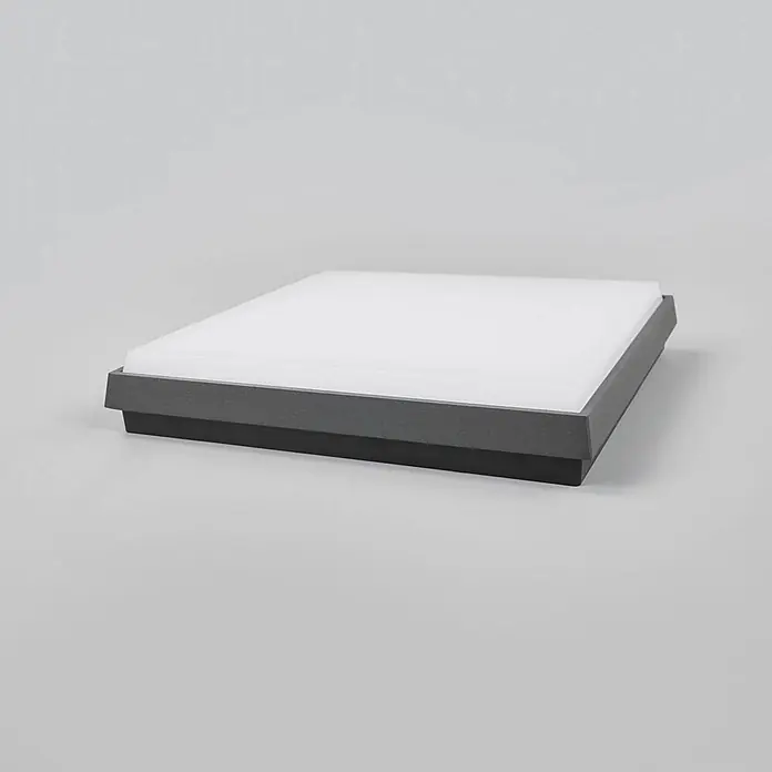 Lucande LED Outdoor Deckenlampe in anthrazit, weiß, Deckenleuchte außen -  - Quadratische flache LED-Panel-Leuchte mit dunkelgrauem Rahmen und weißem Diffusor.