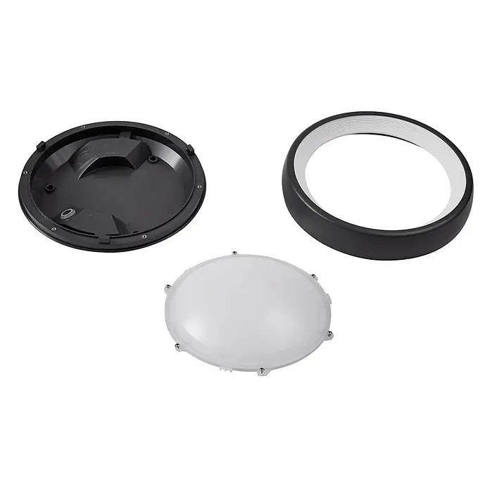 Lindby LED Deckenlampe aussen Ø 24,5 cm, 14,5W LED, Außendeckenlampe -  - Zerlegte runde LED-Leuchte mit schwarzem Sockel, schwarzem Rahmen und transluzenter weißer Abdeckung.