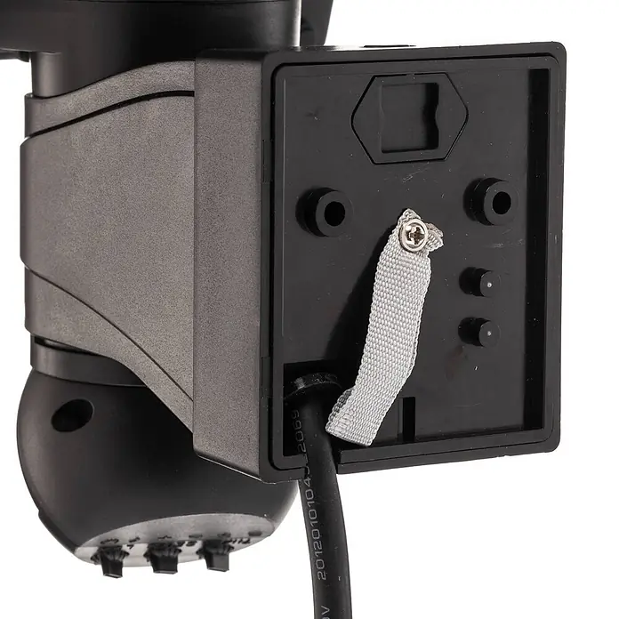 PRIOS LED Wandleuchte innen in schwarz, weiß, mit Bewegungsmelder, -  - Schwarze Kamerahalterung mit grauem Stoffband, Kabelanschluss und Befestigungspunkten.