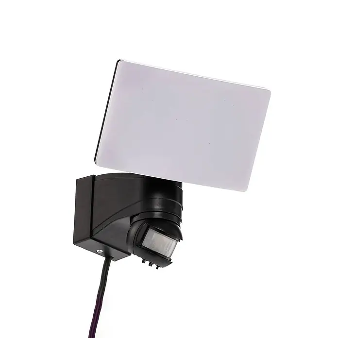 PRIOS LED Wandleuchte innen in schwarz, weiß, mit Bewegungsmelder, -  - Schwarzer LED-Fluter mit weißer rechteckiger Leuchtplatte und integriertem Bewegungssensor an verstellbarer Halterung.