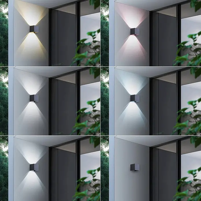 Lindby LED Wandleuchte aussen Smart Home in dunkelgrau, dimmbar up down -  - Quadratische Außenwandleuchte in Dunkelgrau, die verschiedene farbwechselnde Lichtkegel nach oben/unten auf eine moderne Fassade wirft.