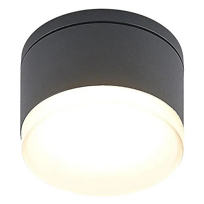 Lindby LED Wandleuchte aussen in dunkelgrau, weiß, Aussenlampe Wand -  - Runde, dunkelgraue Deckenaufbauleuchte mit weißem, beleuchtetem Diffusor.