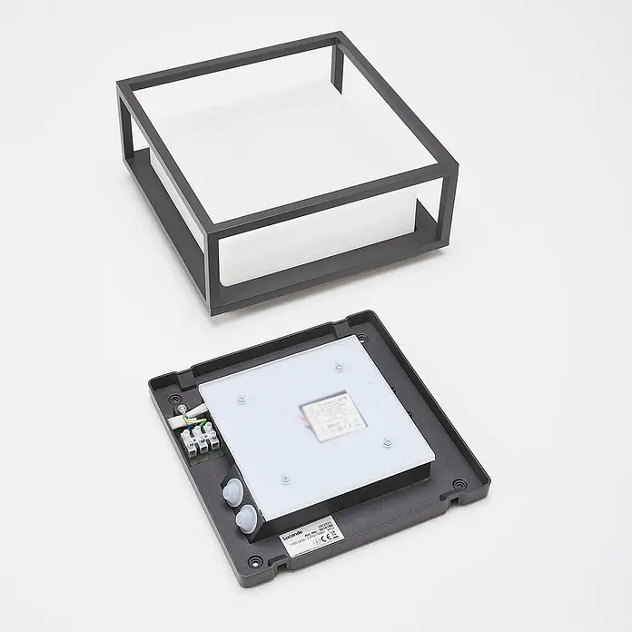 Lucande Außenwandleuchte Ilirian - schwarz, IP54 - Quadratische, dunkelgraue LED-Außenwandleuchte, zerlegt mit sichtbarer LED-Platine und Verkabelung. Modernes Design.