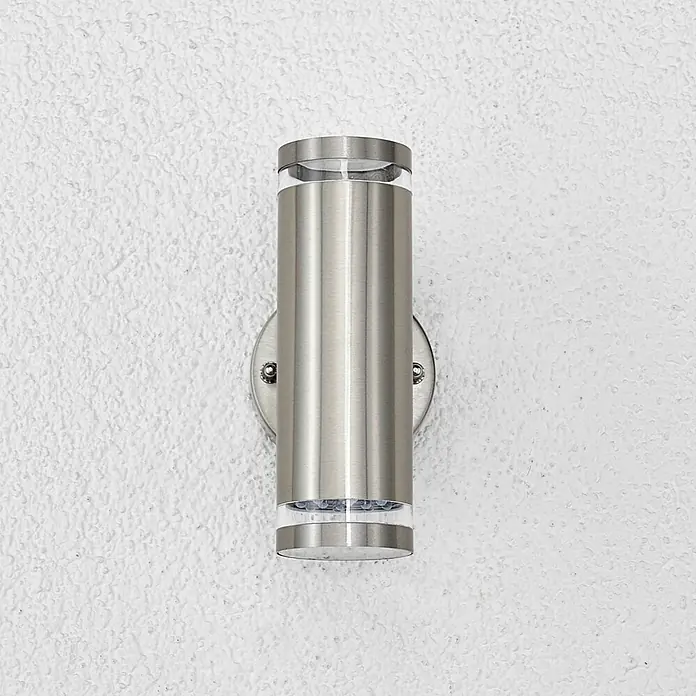 Lindby LED Wandleuchte aussen in edelstahl, transparent, Aussenlampe Wand -  - Zylindrische Außenwandleuchte aus gebürstetem Edelstahl, mit Lichtaustritt oben und unten.