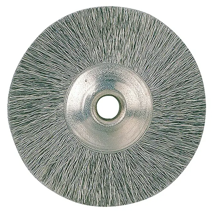 Proxxon Drahtbürste No 28956 - Edelstahl, Kopfform: Rad, 22 mm, 5 Stk. - Draufsicht einer kreisförmigen Drahtbürste mit einem zentrierten Loch, die für Schleifarbeiten an Oberflächen verwendet wird.