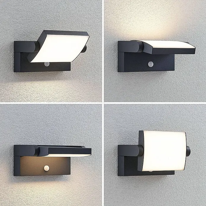 Lindby LED Wandleuchte außen 340°schwenkbar, mit Bewegungsmelder -  - Schwarze, schwenkbare Wandleuchte mit weißem Diffusor und Bewegungsmelder.