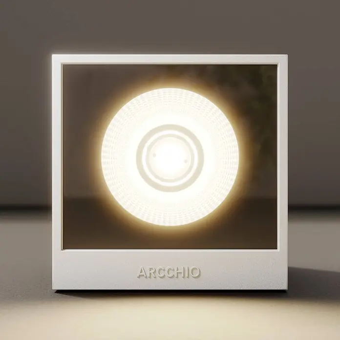 Arcchio LED Wandleuchte aussen in weiß, Aussenlampe Wand -  - Quadratische weiße Tischleuchte mit hellem, rundem LED-Licht und geprägtem „ARCCHIO“ auf der Vorderseite.
