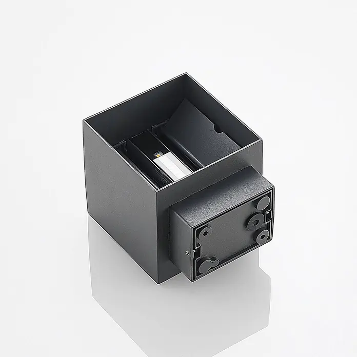 Lindby LED Wandleuchte aussen in anthrazit, Aussenlampe Wand -  - Dunkelgraue rechteckige Außenwandleuchte mit freiliegendem LED-Streifen und seitlichem Anschlusskasten.