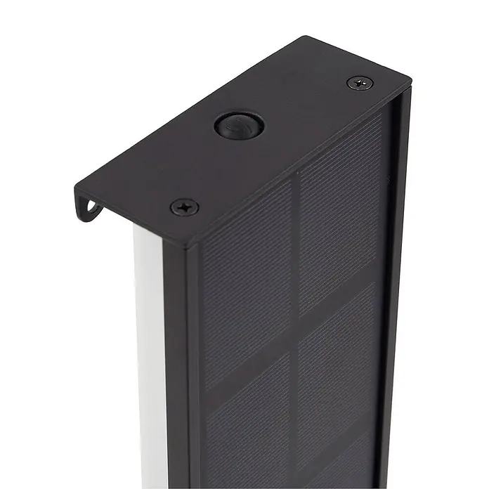 Lindby LED Solar Wandleuchte aussen in schwarz, weiß, dimmbar Aussenlampe -  - Schwarze Solar-LED-Leuchte. Mit Taste oben, Befestigungsschrauben und integriertem Solarmodul mit weißem seitlichem Lichtdiffusor.