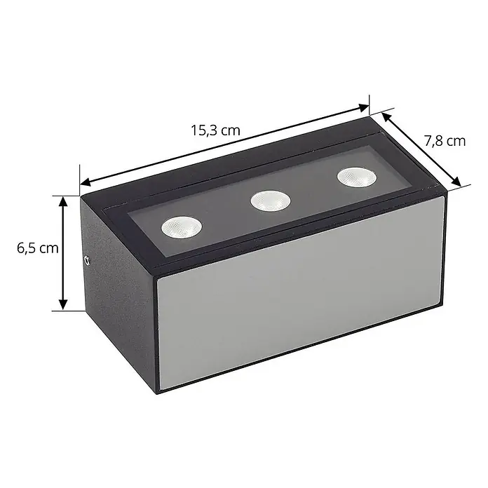 Lucande Außenwandleuchte Selim - schwarz, IP65 - Rechteckige schwarz-graue LED-Wandleuchte mit drei integrierten Lichtern. Maße: 15,3 x 6,5 x 7,8 cm (LxHxT).