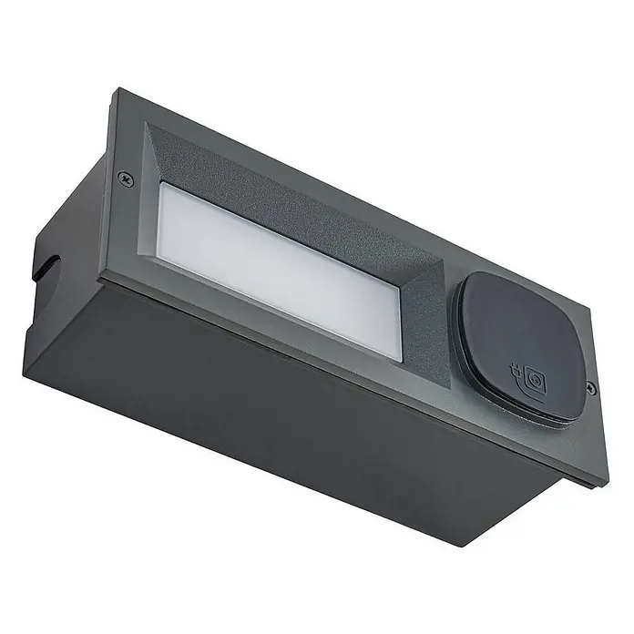 Lucande Außenwandleuchte Lachlain - schwarz, IP54 - Dunkelgraue Outdoor-Einbauleuchte mit integrierter Steckdose und Schutzabdeckung.